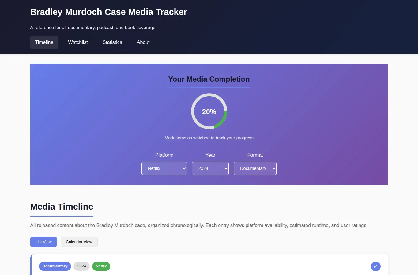 Screenshot of True Crime Documentary & Media Tracker interface showing the project page in use
